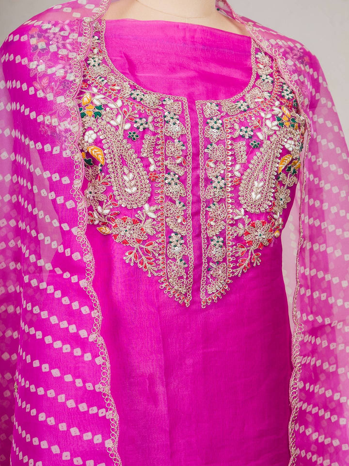 Printed Organza Suit Piece With Zardosi Handwork in Deep Pink