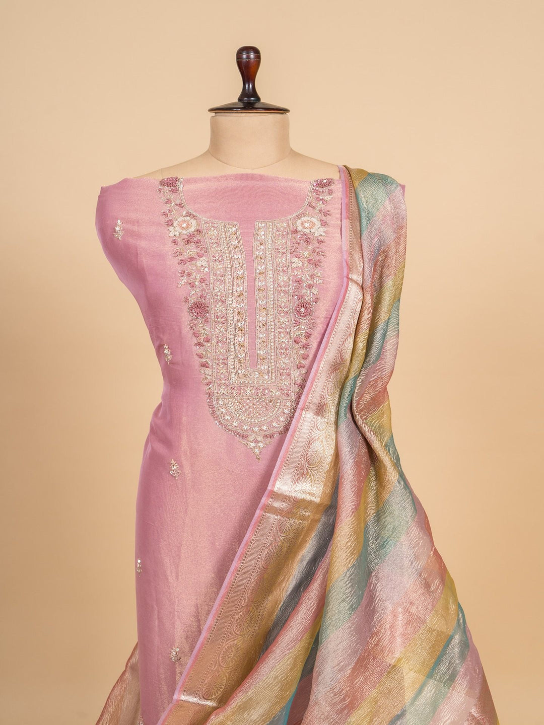 Tissue Suit Piece with Zardozi work in Pink