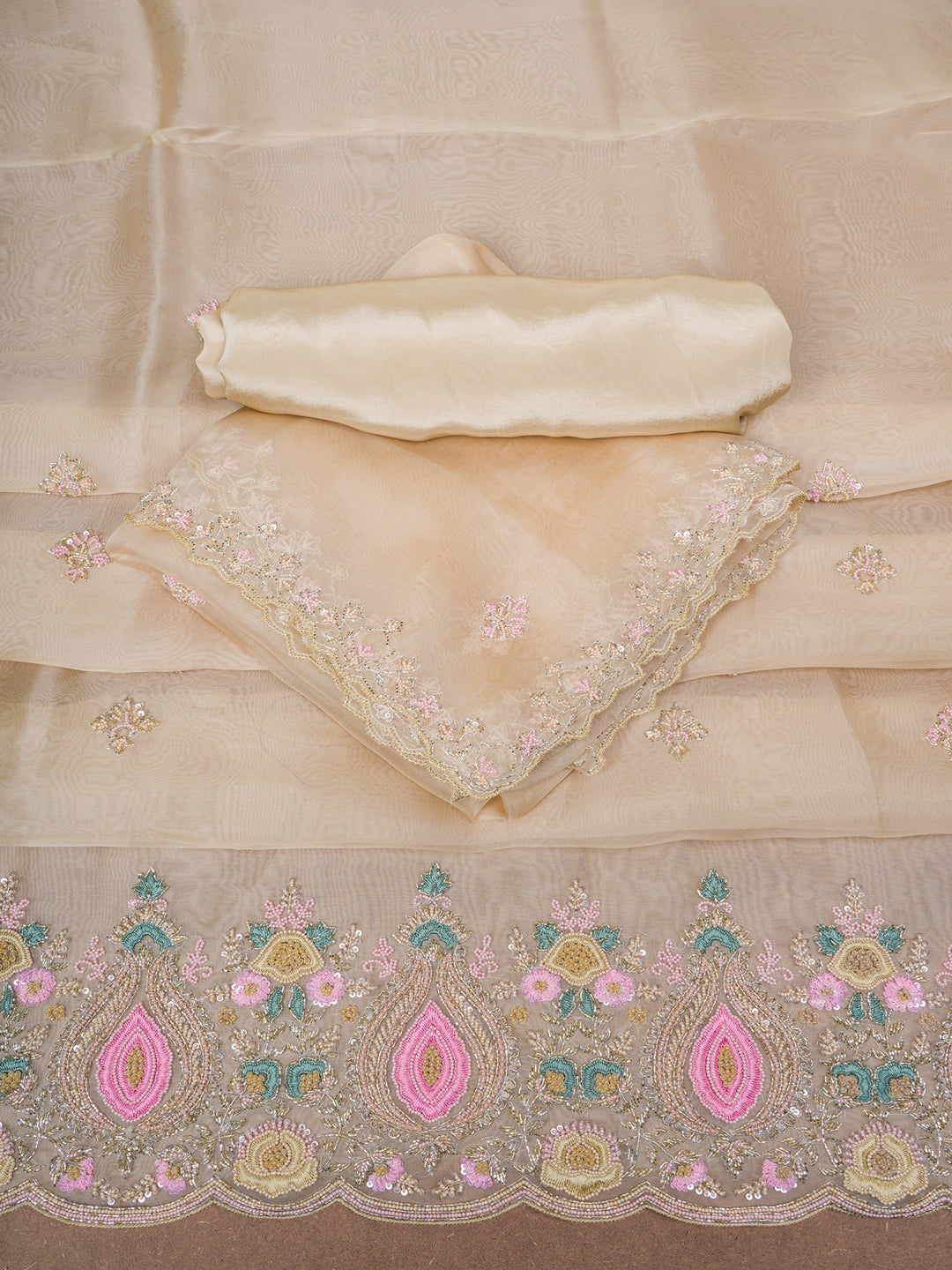 Organza Suit Piece With Zardosi Work in Off-Cream