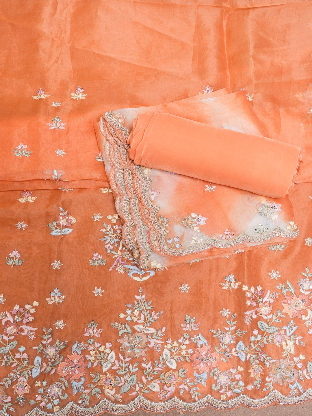 Organza Suit Piece With Zardosi Work in Orange