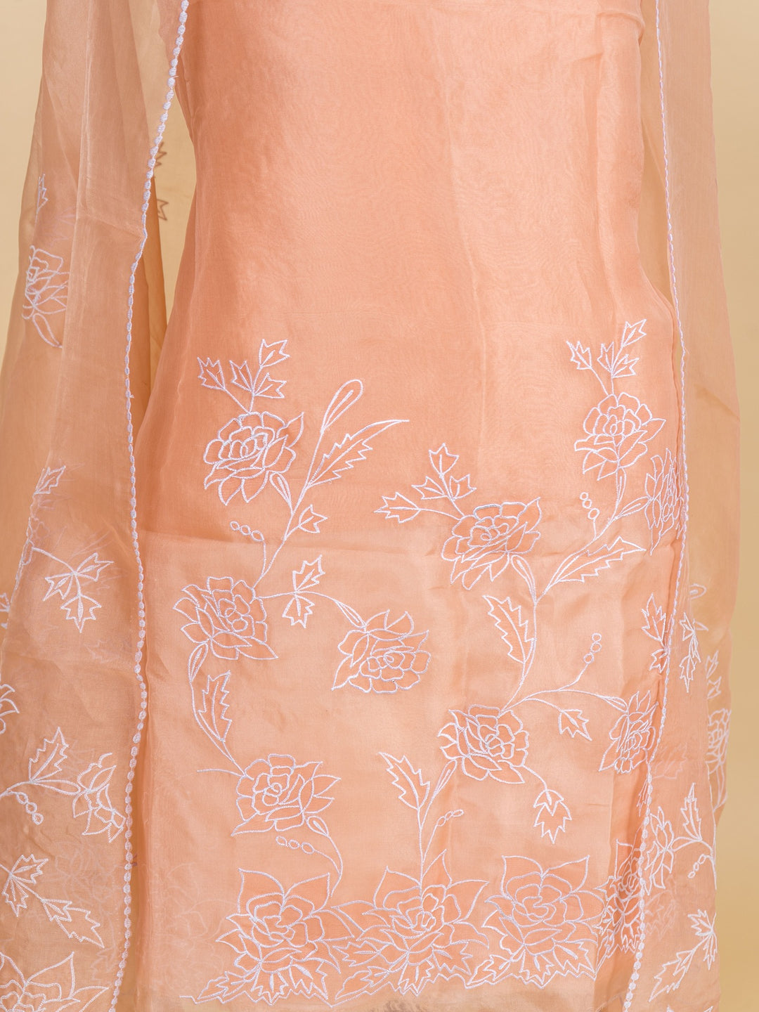 Organza Suit Piece With Machine Embroidery in Peach