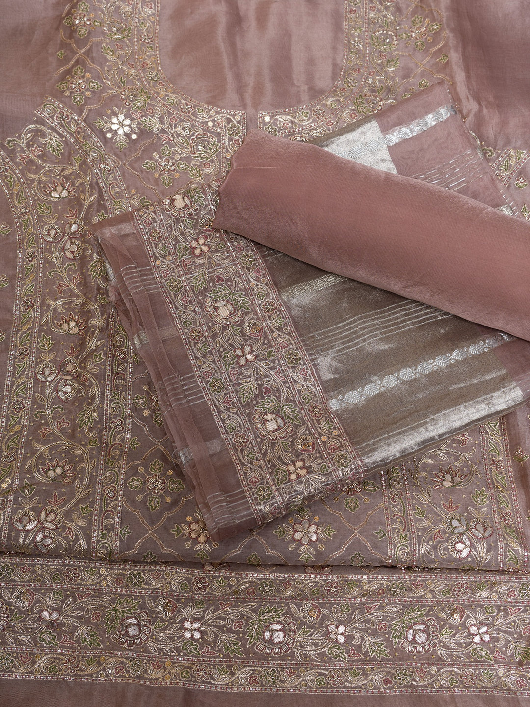 Organza Suit Piece With Zardosi Work in Dusty Brown