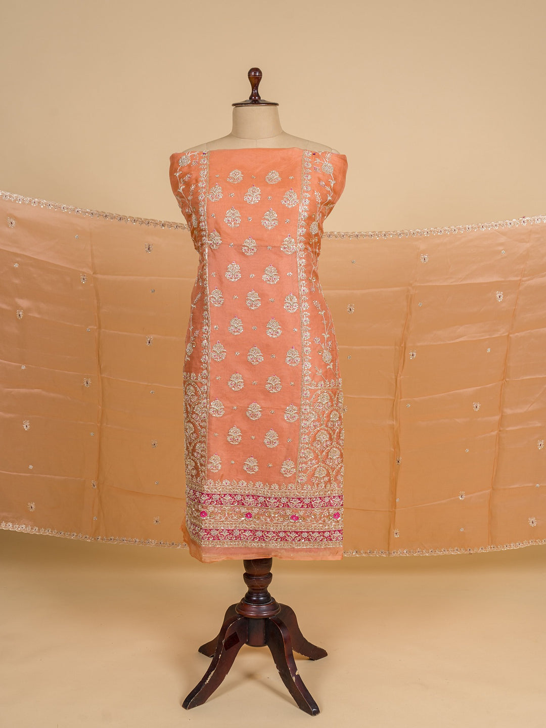 Organza Suit Piece With Zardosi Work in Light Peach