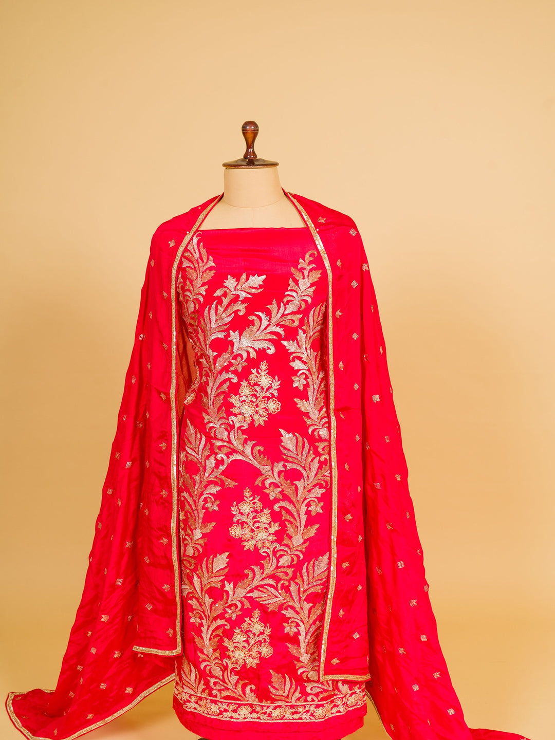 Crepe Suit Piece With Zardosi Work in Cherry Red