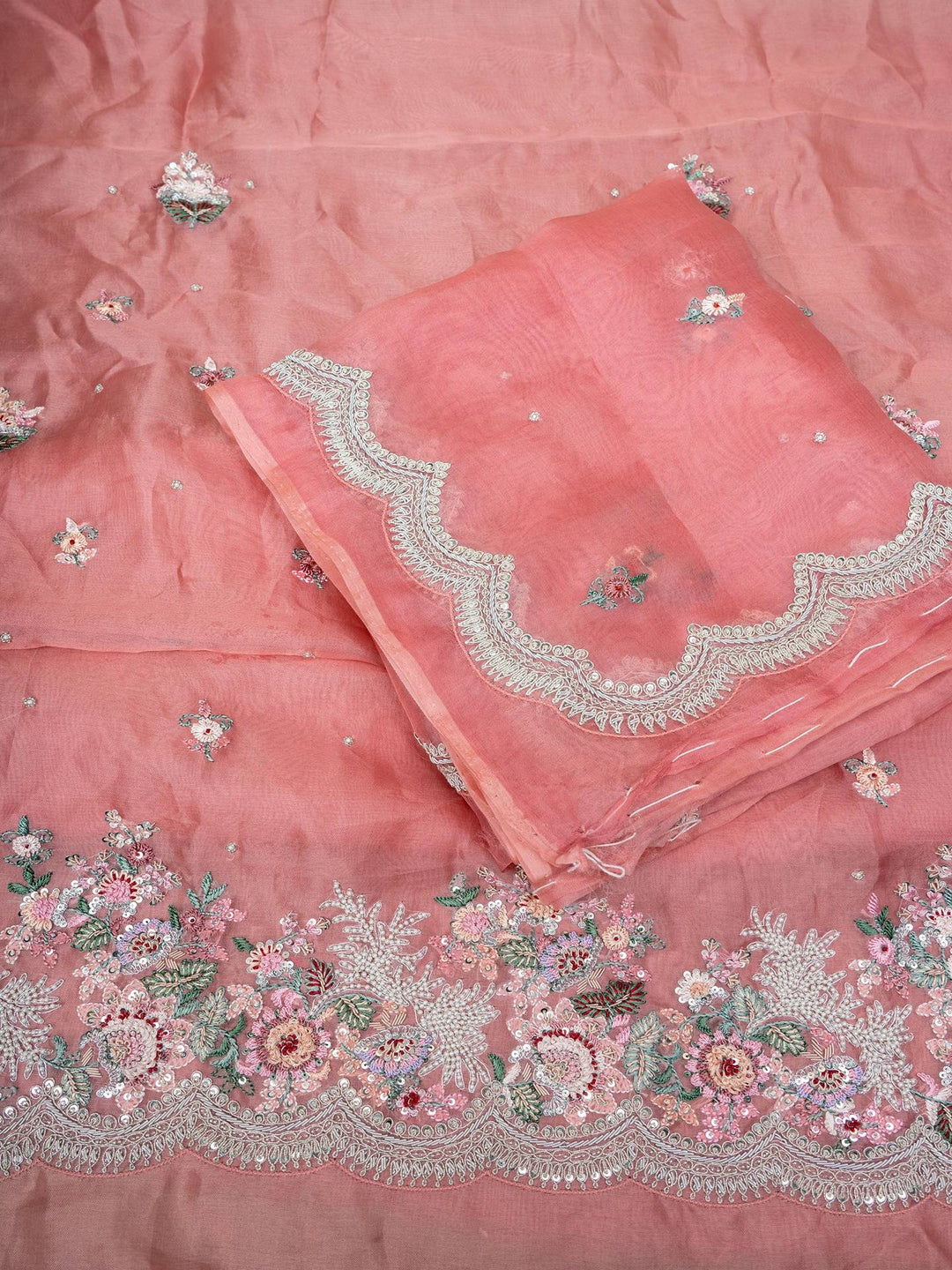 Organza Suit Piece With Zardosi Work in Light Peach