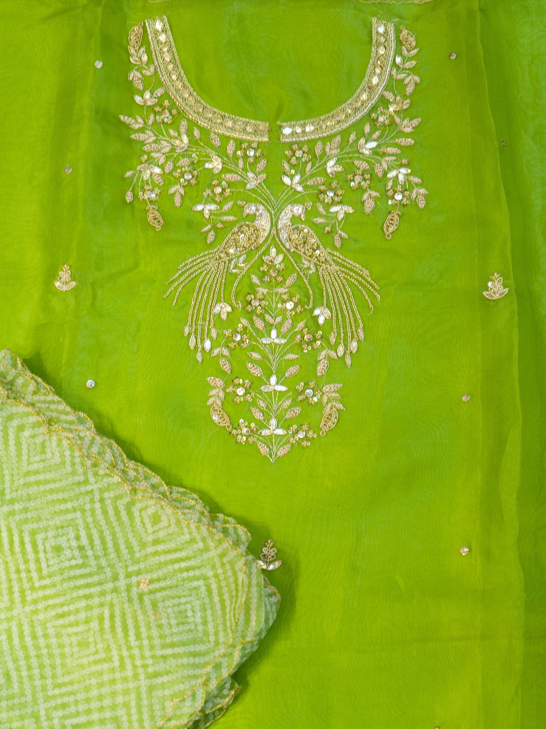 Printed Organza Suit Piece With Zardosi Handwork in Green