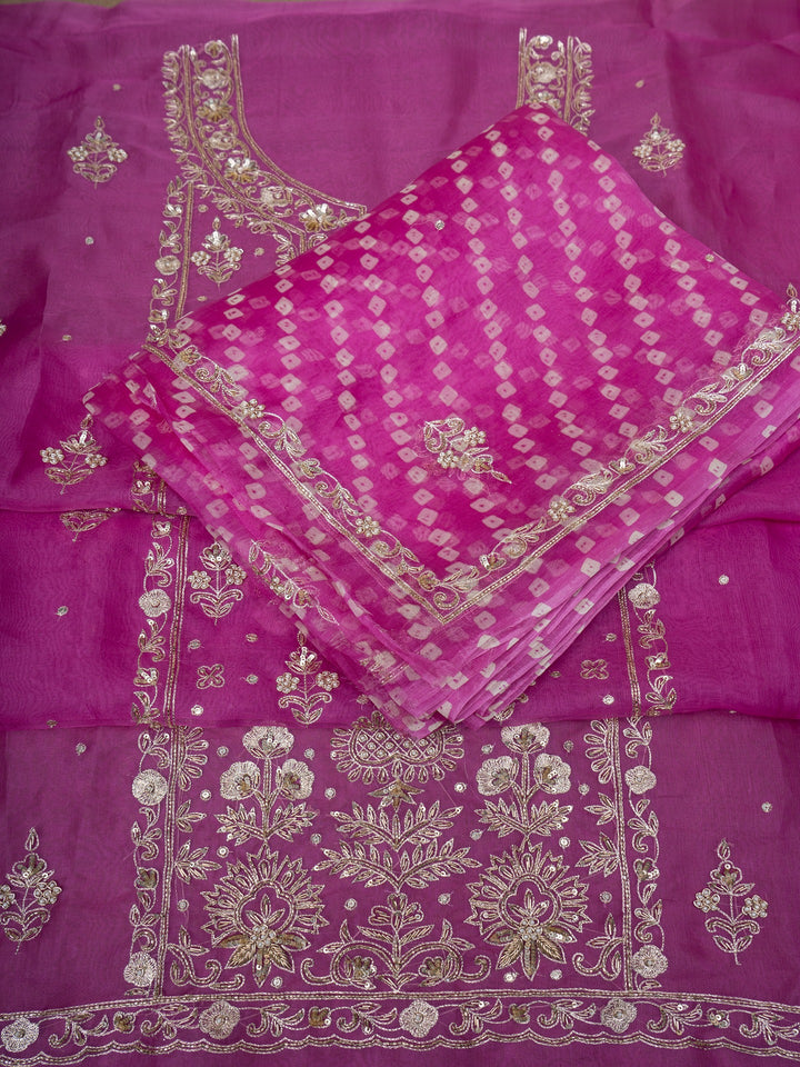 Organza Suit Piece With Zardosi Work in Rani