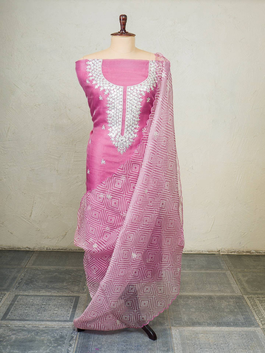 Printed Organza Suit Piece With Zardosi Handwork in