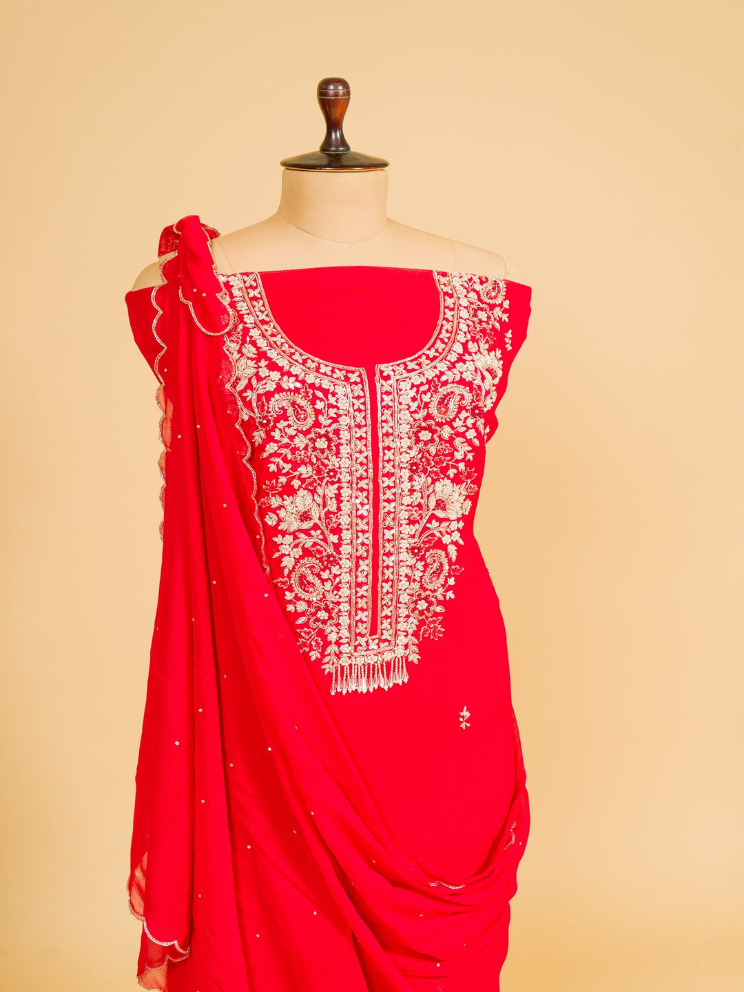 Viscose Organza Suit Piece with Zardosi work in Tomato Red