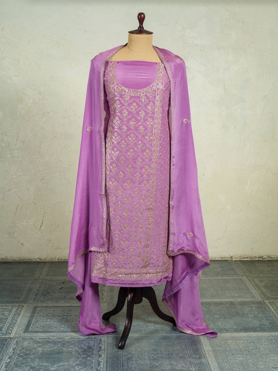 Crepe Suit Piece With Zardosi Work in Light Purple