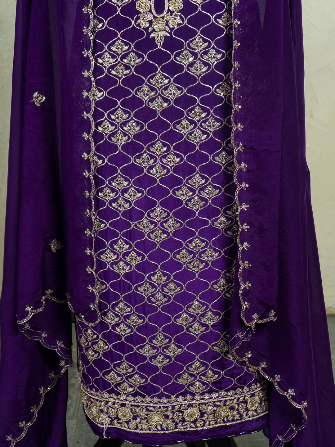 Crepe Suit Piece With Zardosi Work in Deep Purple