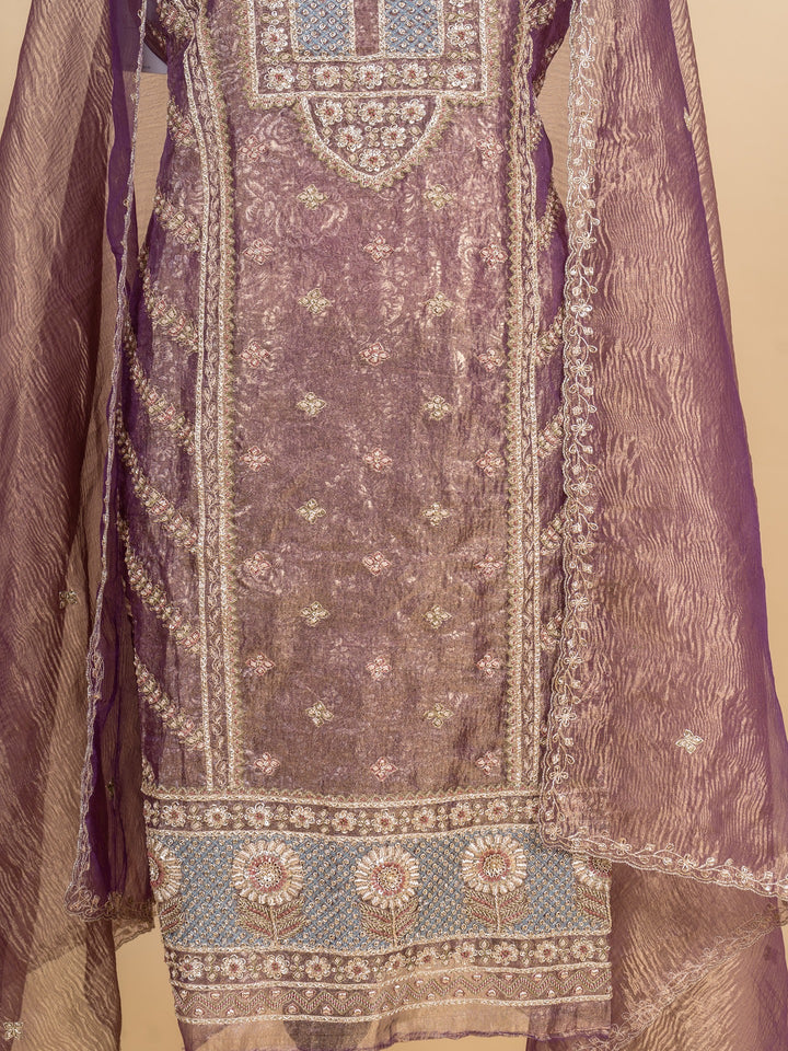 Fancy Tissue Suit Piece With Zardosi Work in Shaded Purple