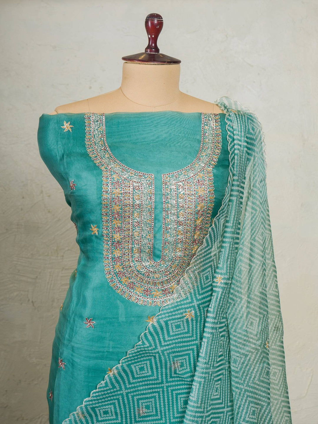 Printed Organza Suit Piece With Zardosi Handwork in Aqua Green