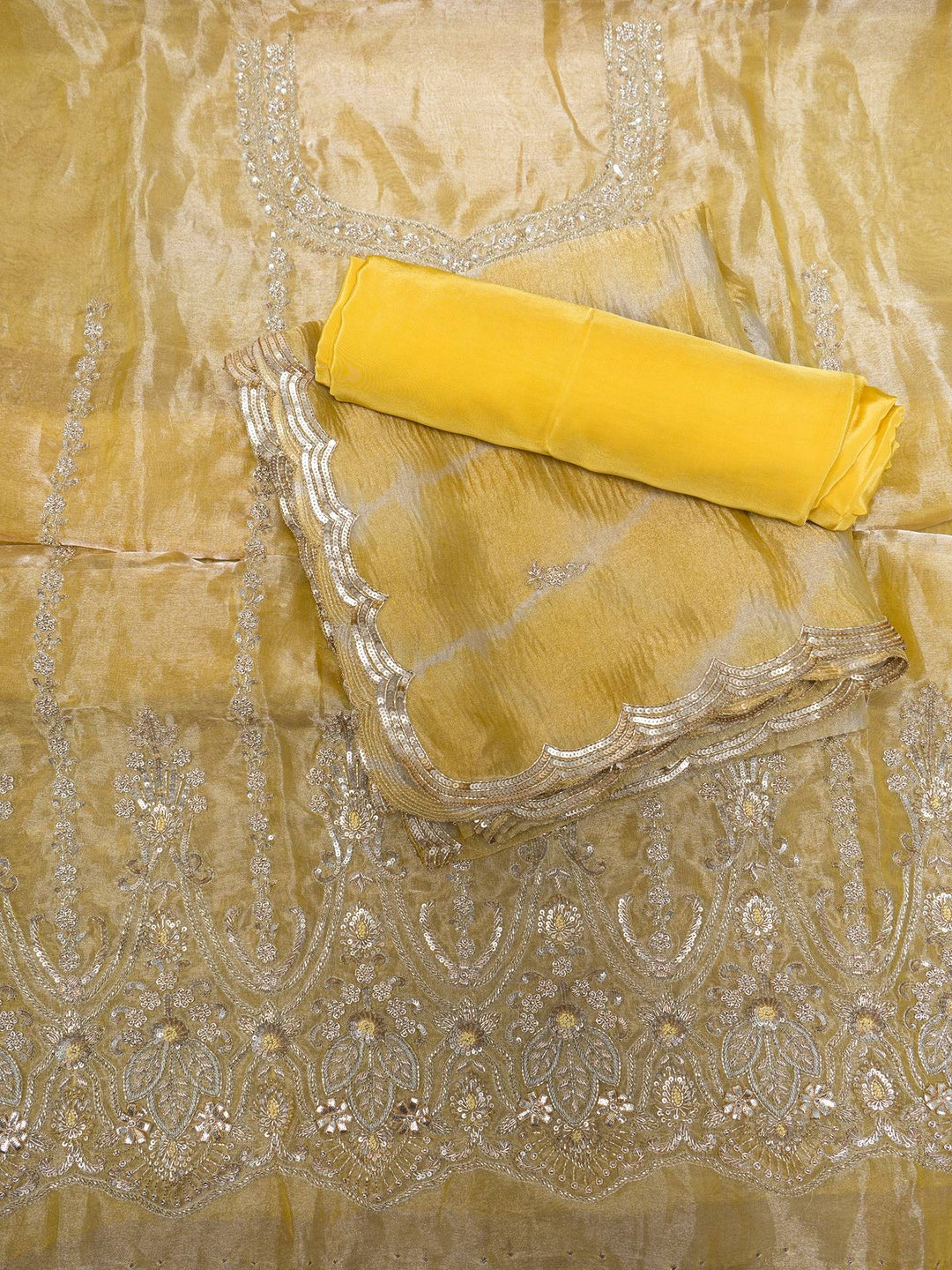 Tissue Suit Piece with Zardozi work in Bright Yellow