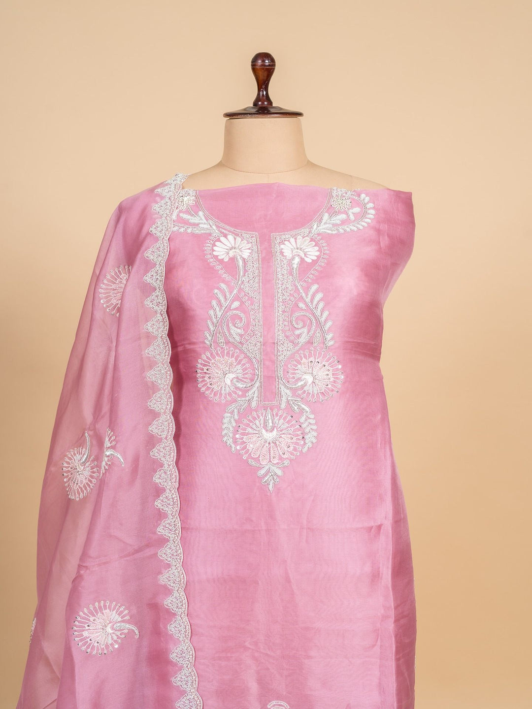 Organza Suit Piece With Zardosi Work in Light Pink