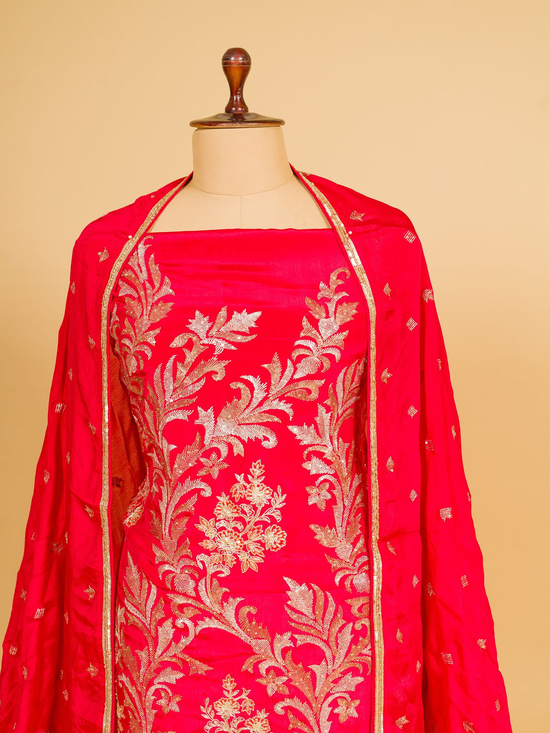 Crepe Suit Piece With Zardosi Work in Cherry Red