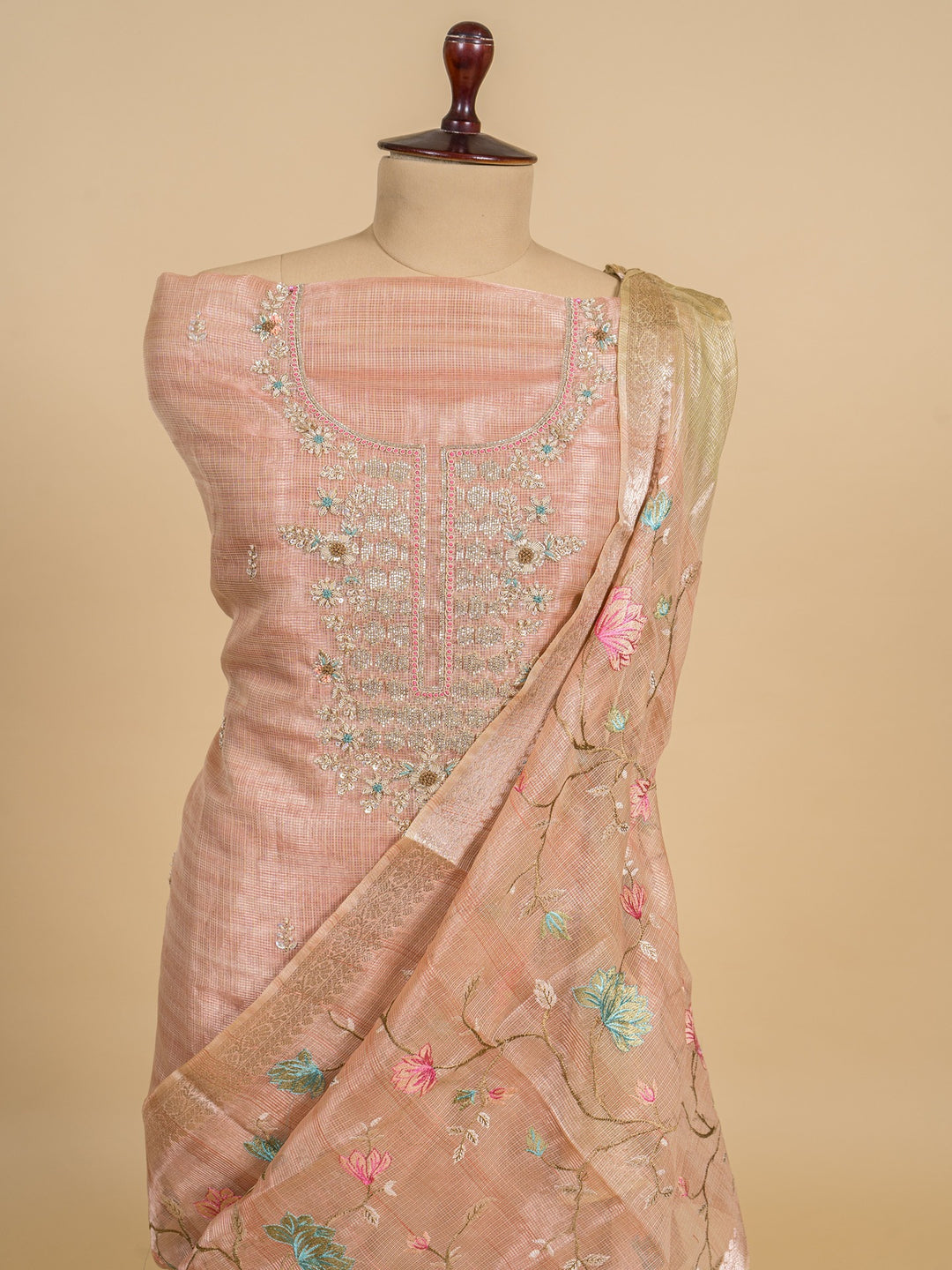 Tissue Suit Piece with Zardozi Work in Peach