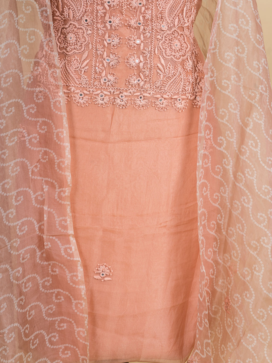 Organza Suit Piece With  Karachi embroidery in Peach