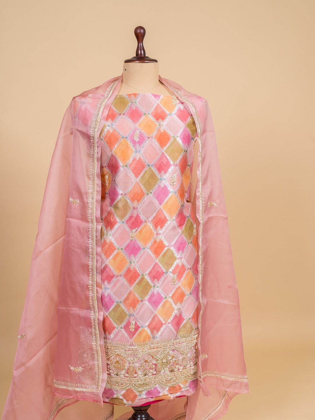 Fancy Organza Suit Piece With Zardosi Work in Pink