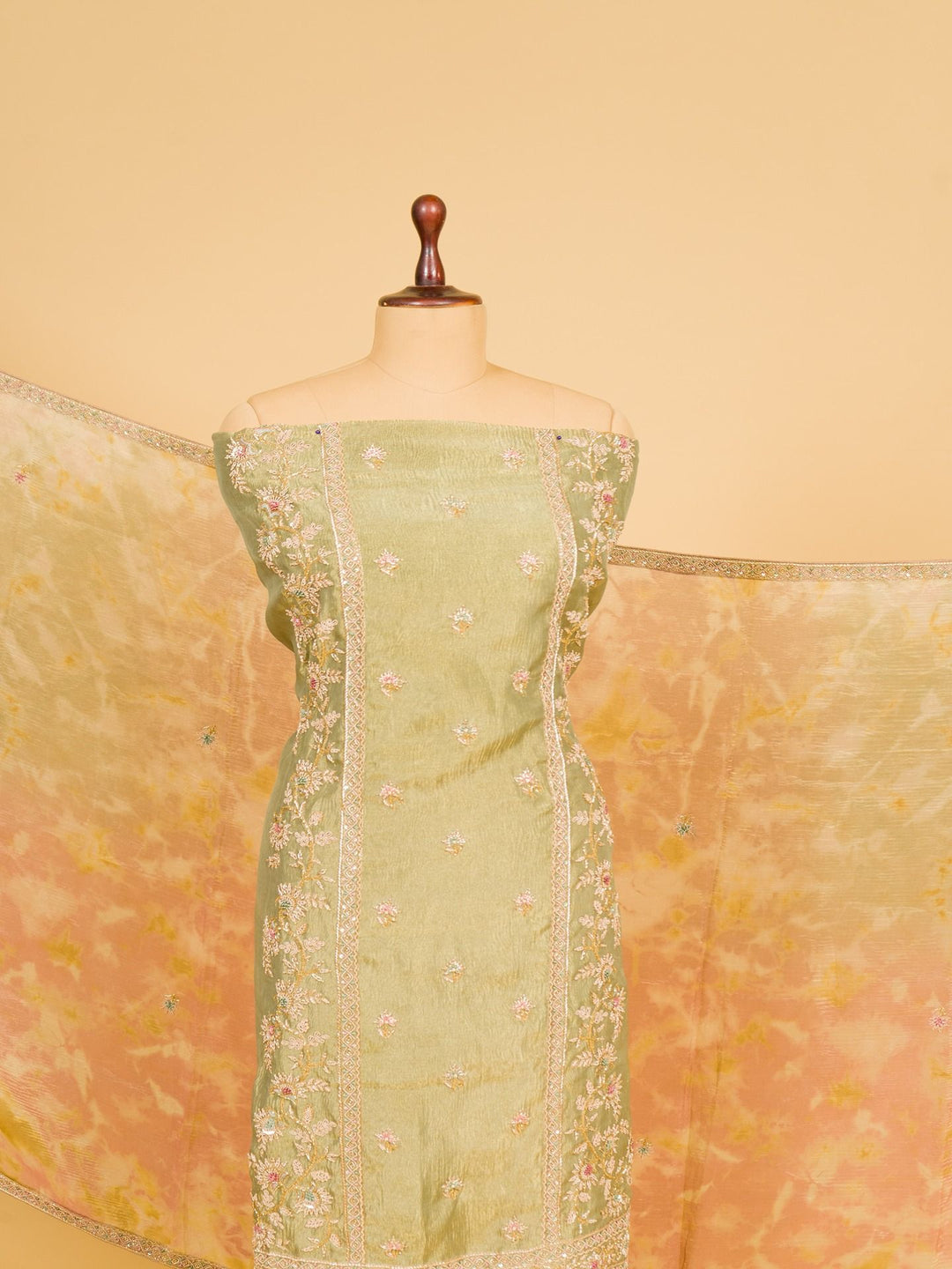 Tissue Suit Piece with Zardozi work in Light Green