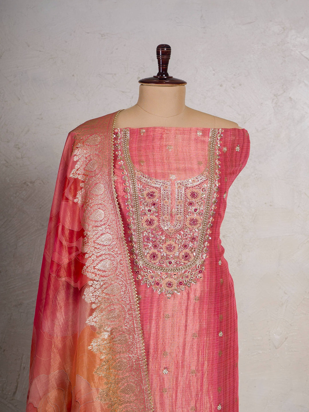 Printed Tissue Suit Piece with Zardozi work in Gajri