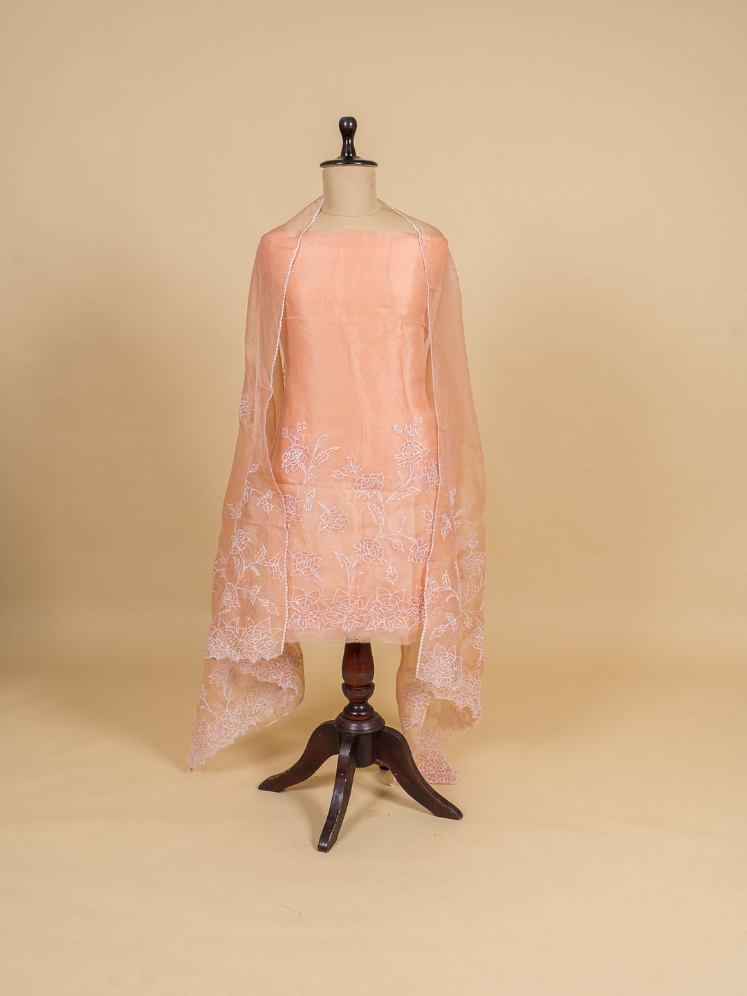 Organza Suit Piece With Machine Embroidery in Peach