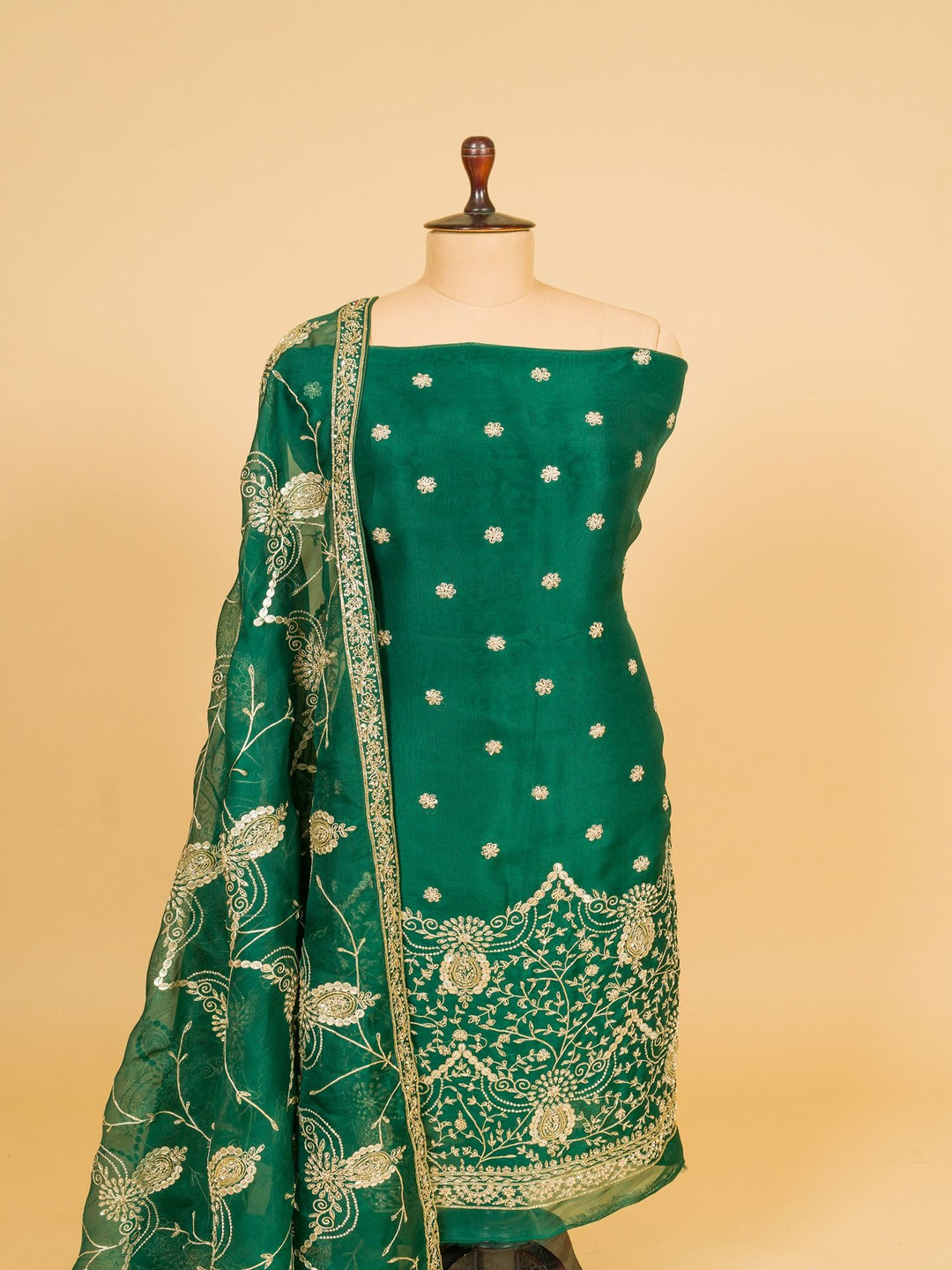 Organza Suit Piece With Zardosi Work in Bottle Green