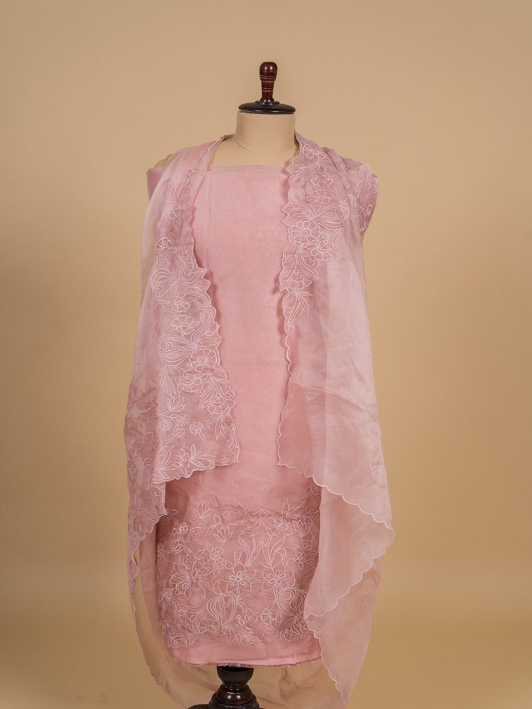 Organza Suit Piece With Aplic work in Pastel Pink