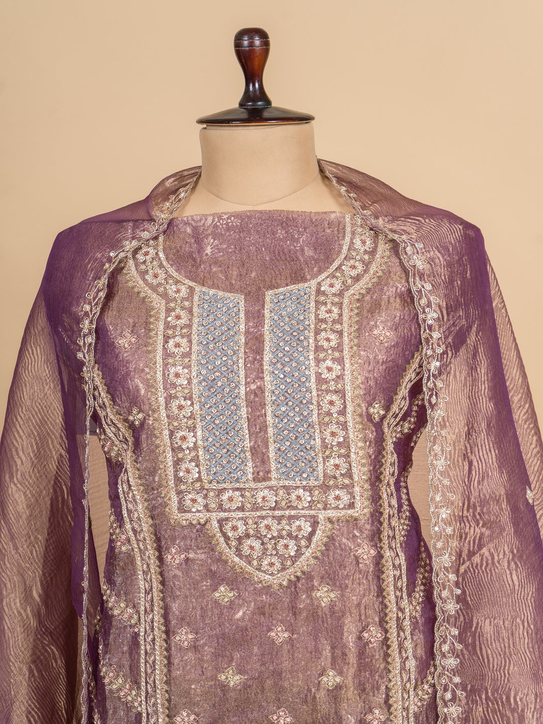 Fancy Tissue Suit Piece With Zardosi Work in Shaded Purple