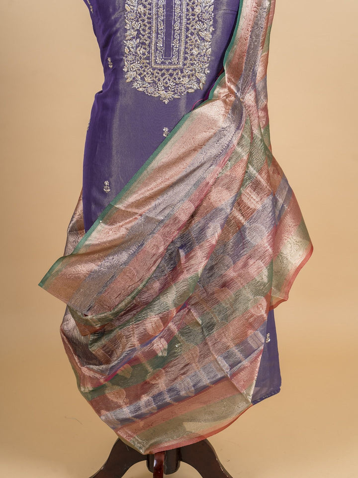 Tissue Suit Piece with Zardozi Work in Dusty Purple