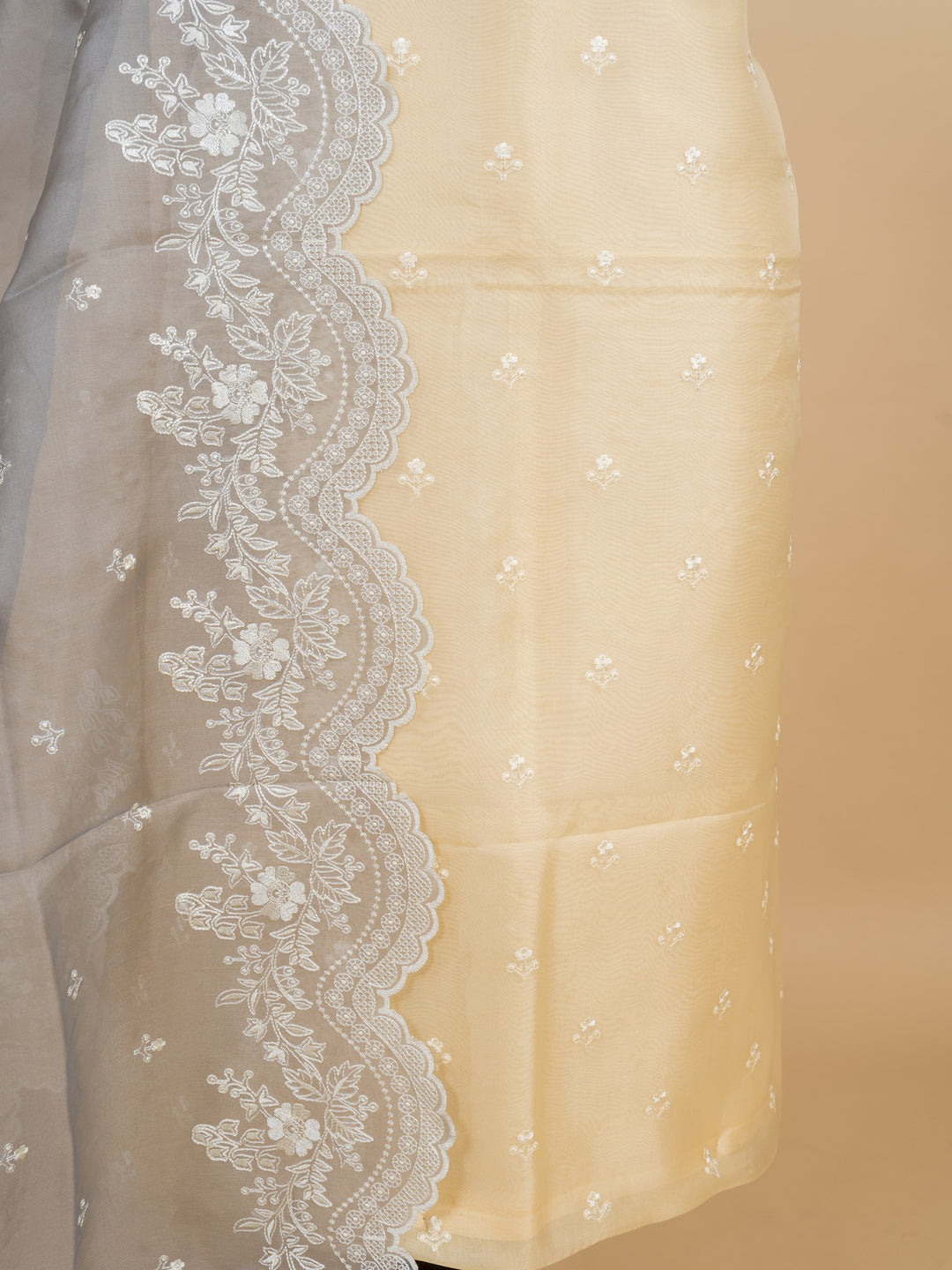 Organza Suit Piece with machine emberiory in Off-White with Shaded Dupatta