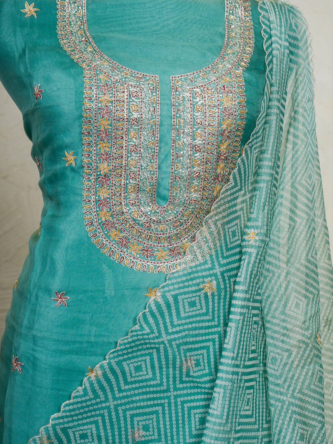Printed Organza Suit Piece With Zardosi Handwork in Aqua Green