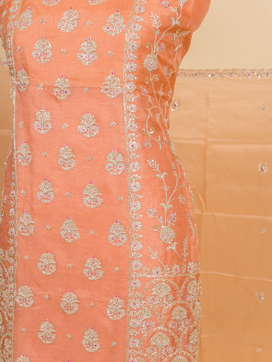 Organza Suit Piece With Zardosi Work in Light Peach