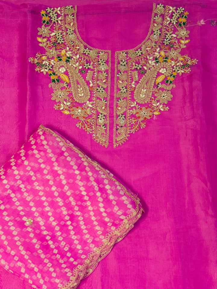 Printed Organza Suit Piece With Zardosi Handwork in Deep Pink