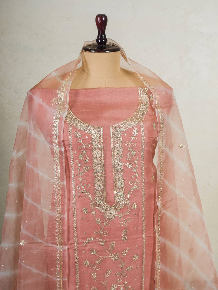 Printed Organza Suit Piece With Zardosi Handwork in Light Brown