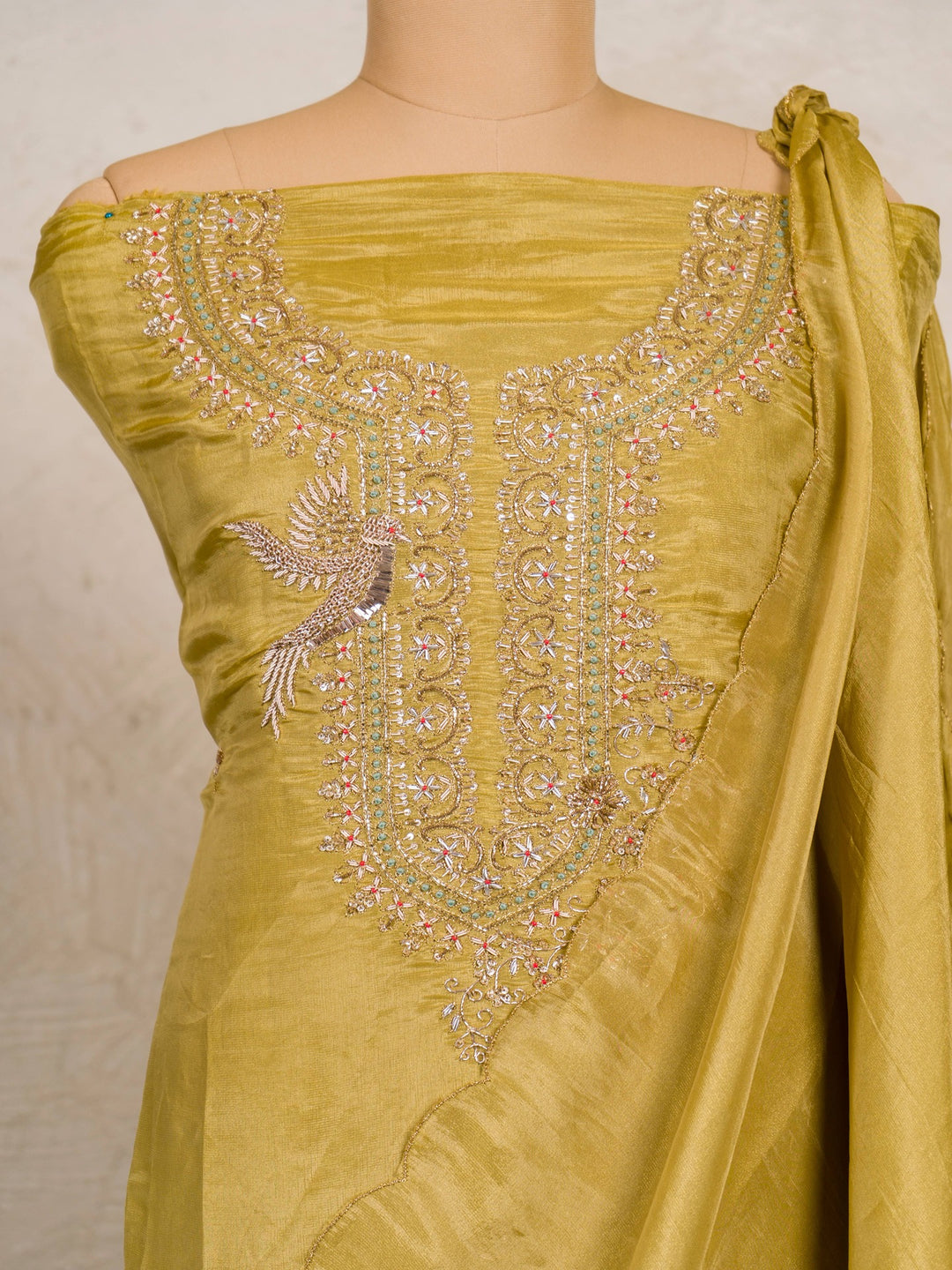 Silk Tissue Suit Piece with Zardozi work in Mustard