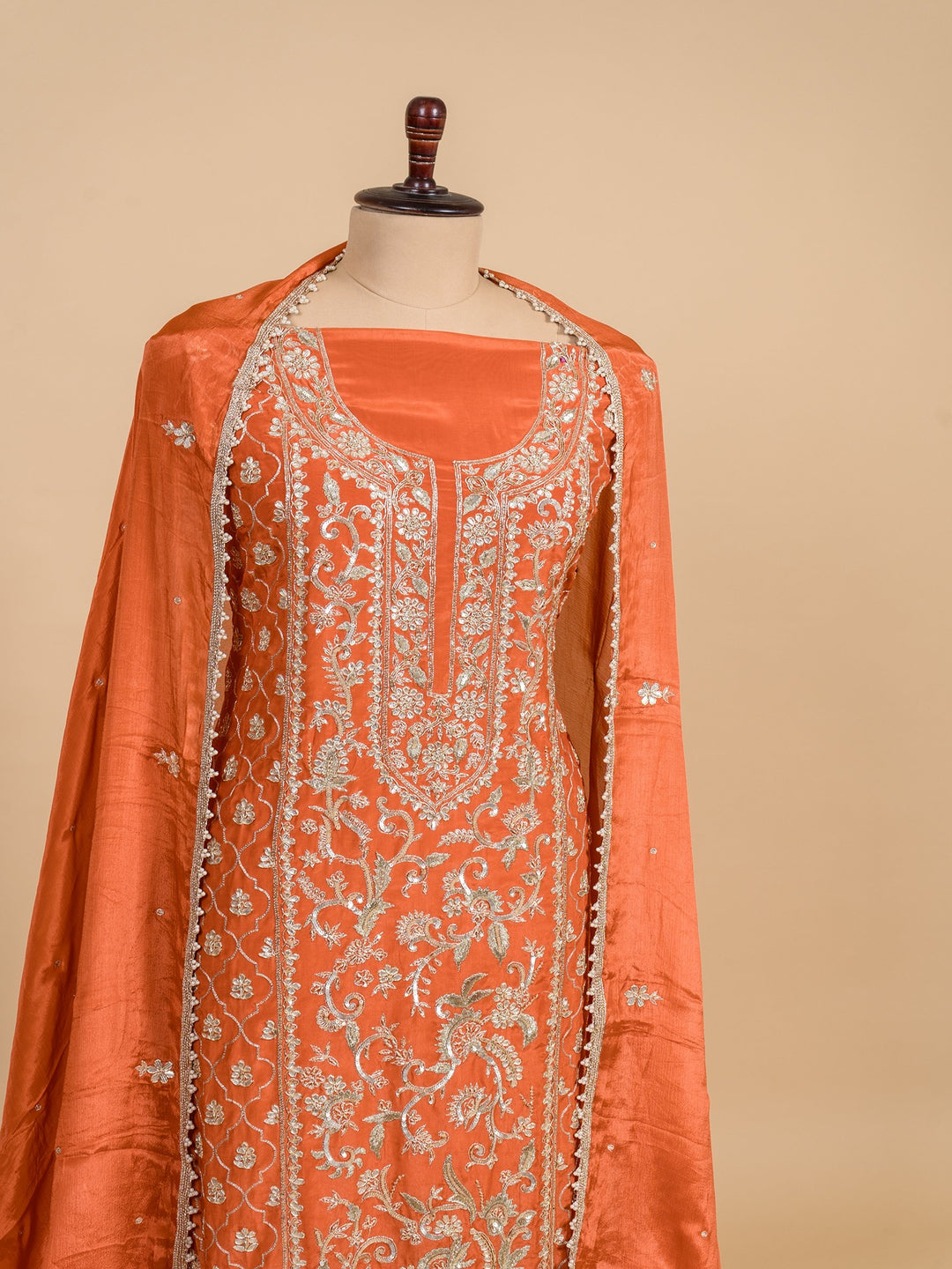 Crepe Suit Piece With Zardosi Work in Dark Orange