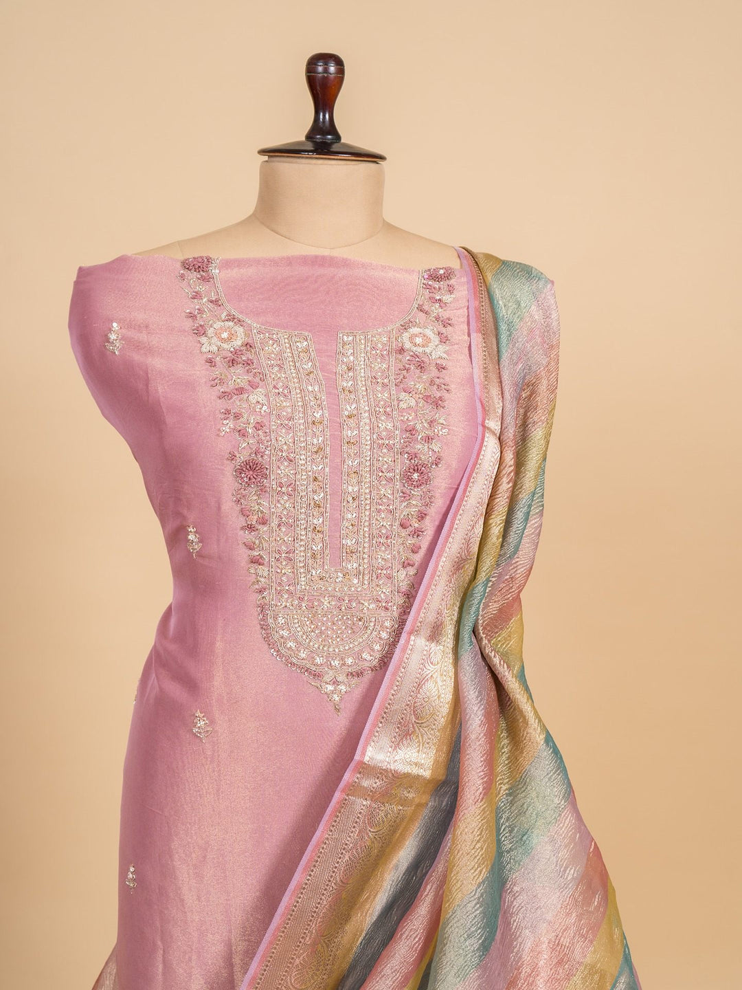 Tissue Suit Piece with Zardozi work in Pink