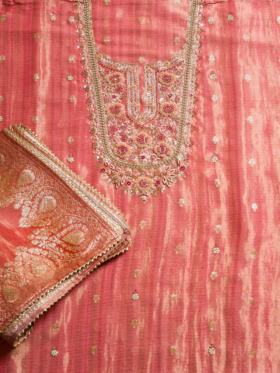 Printed Tissue Suit Piece with Zardozi work in Gajri