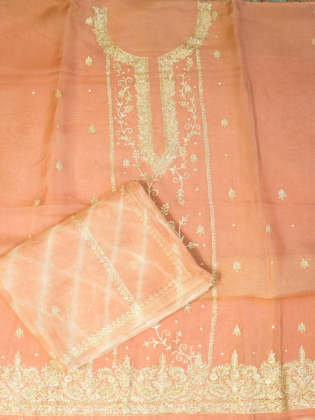 Printed Organza Suit Piece With Zardosi Handwork in Light Brown