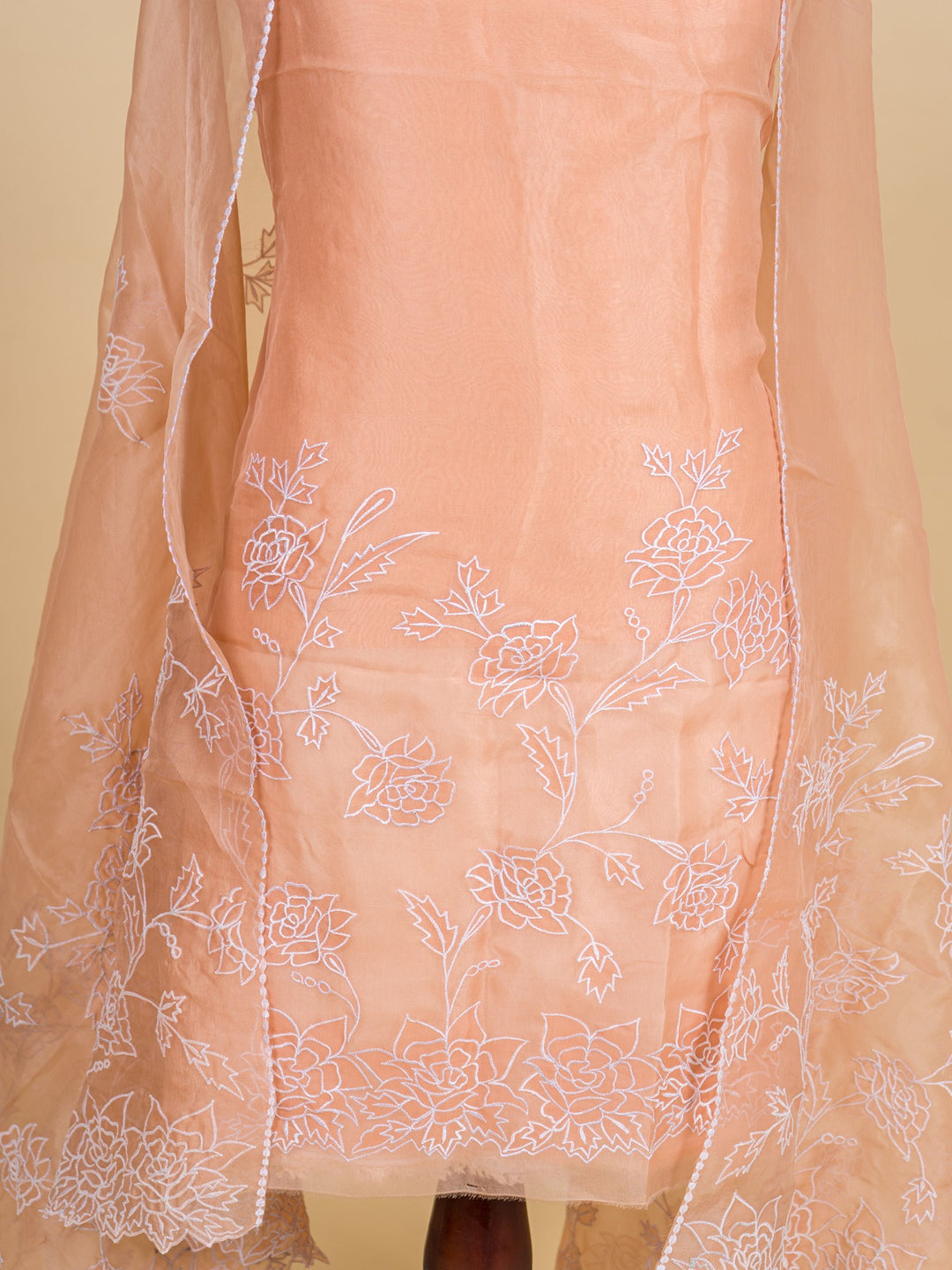 Organza Suit Piece With Machine Embroidery in Peach