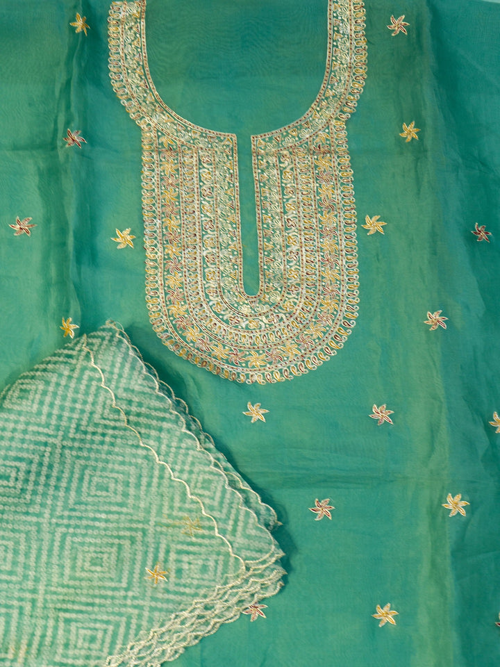 Printed Organza Suit Piece With Zardosi Handwork in Aqua Green