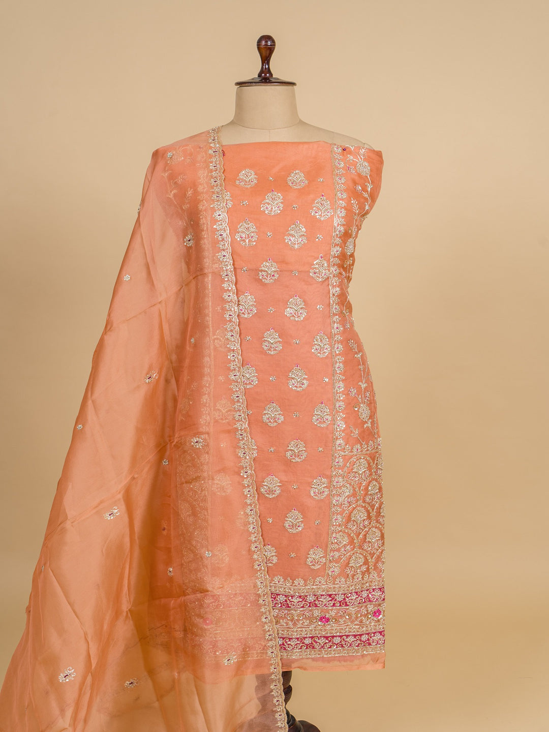 Organza Suit Piece With Zardosi Work in Light Peach