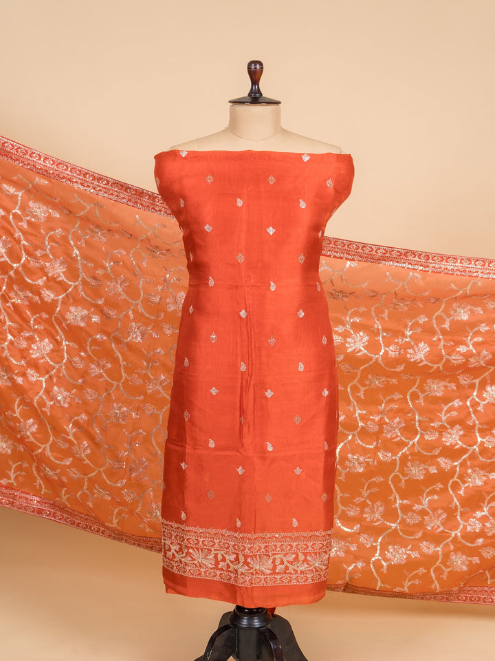 Organza Suit Piece With Zardosi in Rani