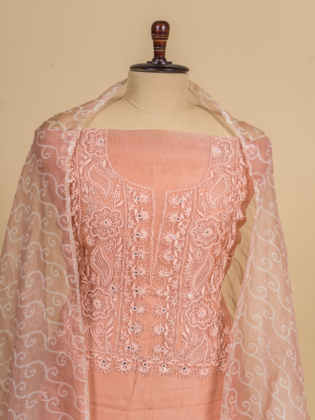 Organza Suit Piece With  Karachi embroidery in Peach