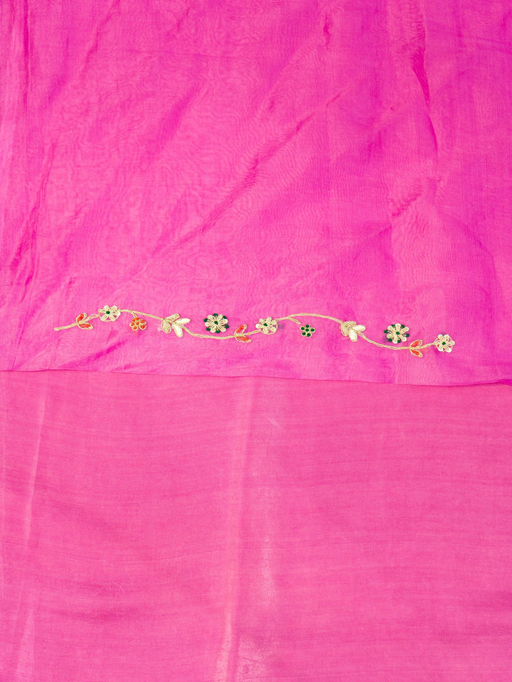 Printed Organza Suit Piece With Zardosi Handwork in Deep Pink