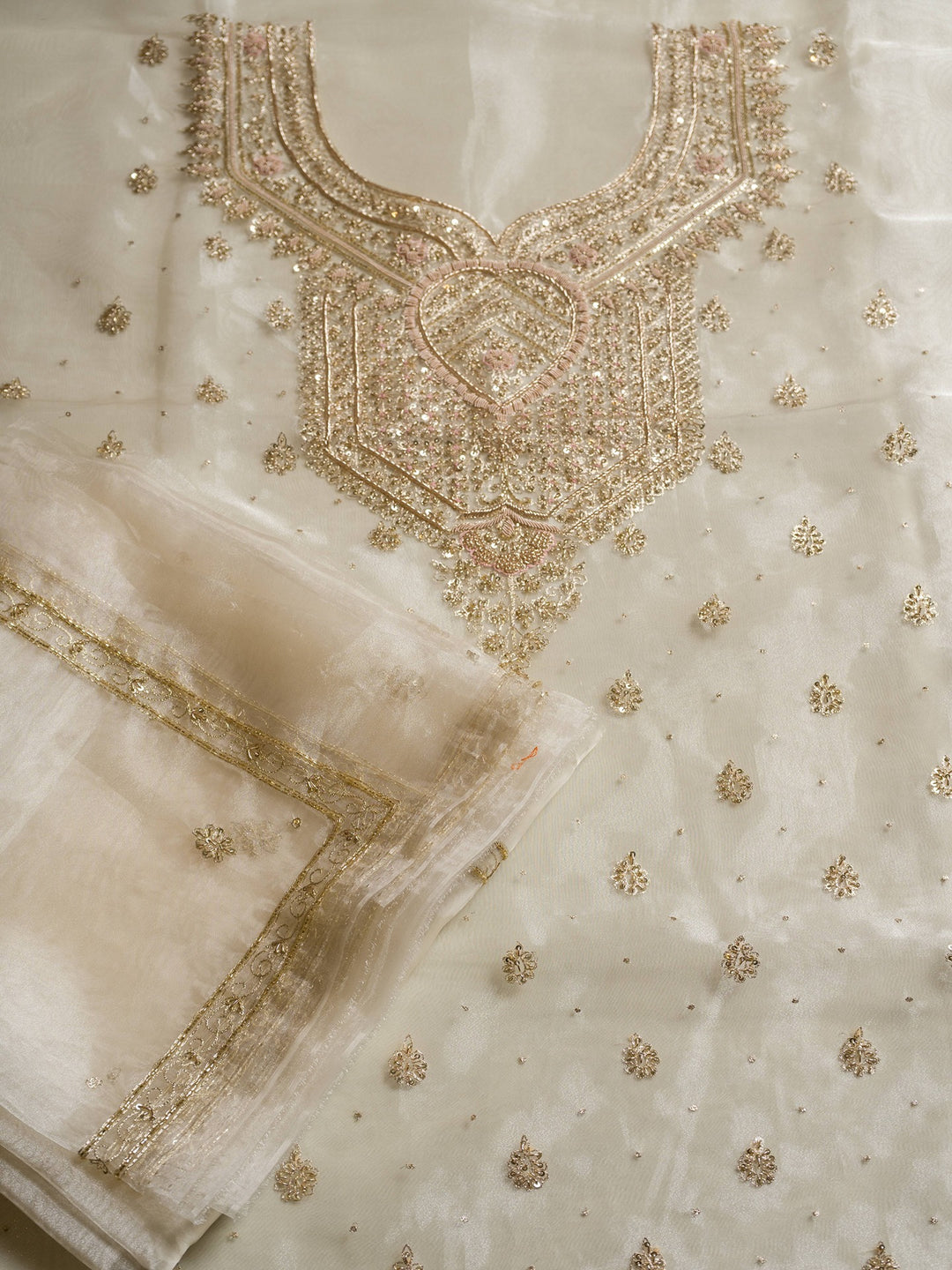 Shimmer Tissue Suit Piece with Zardozi work in Ivory