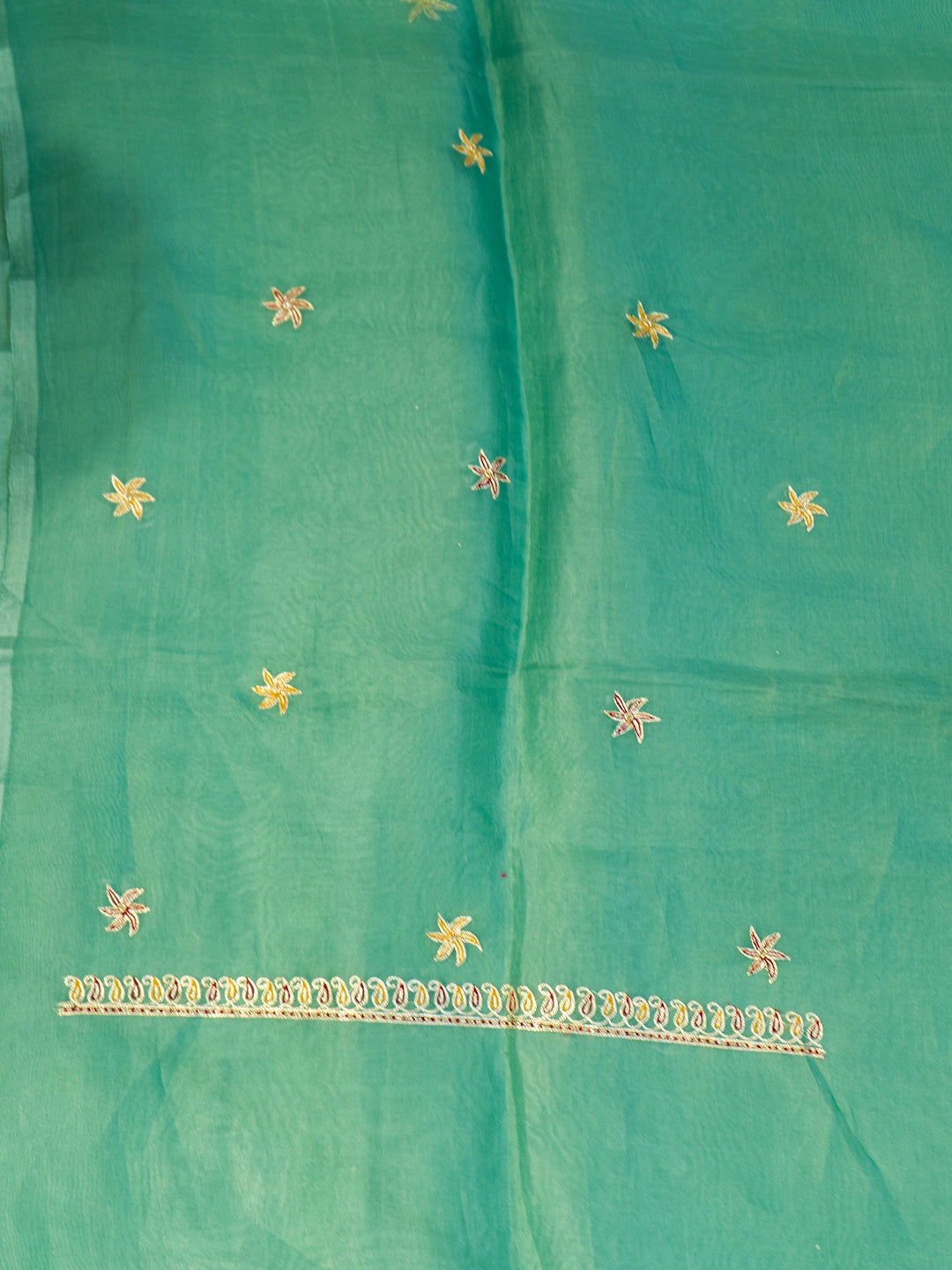 Printed Organza Suit Piece With Zardosi Handwork in Aqua Green