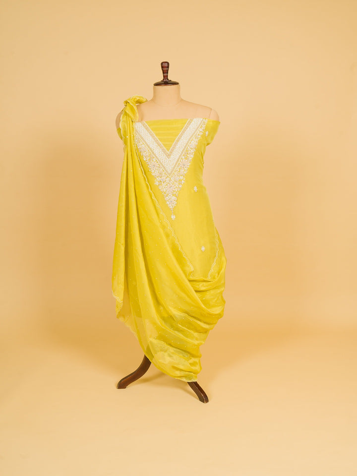 Tissue Suit Piece with Zardozi Pearl Work in Lemon Yellow