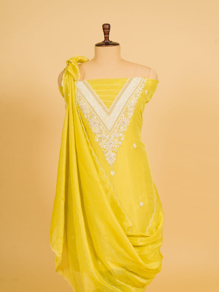 Tissue Suit Piece with Zardozi Pearl Work in Lemon Yellow